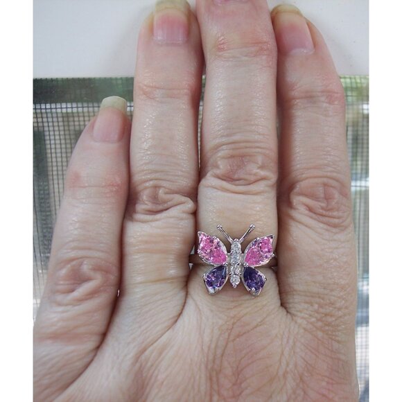 925 STERLING SILVER Simulated Amethyst & Pink Sapphire CZ Butterfly Ring - Picture 11 of 16